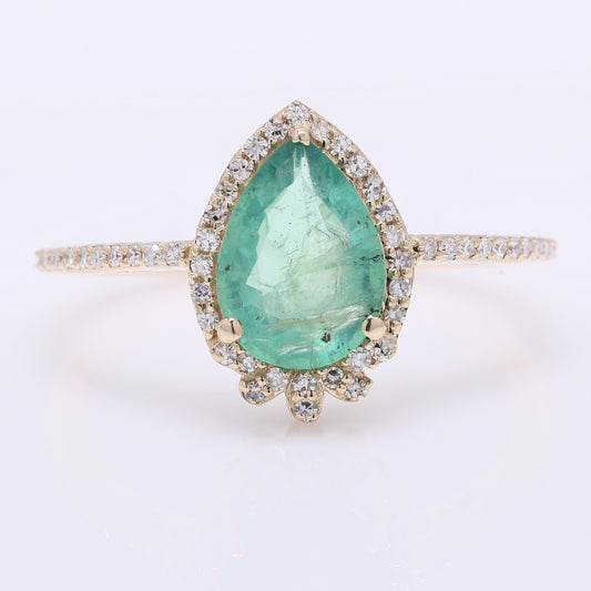 1.47 Ct Pear Mixed Cut Natural Emerald 14K Gold Ring