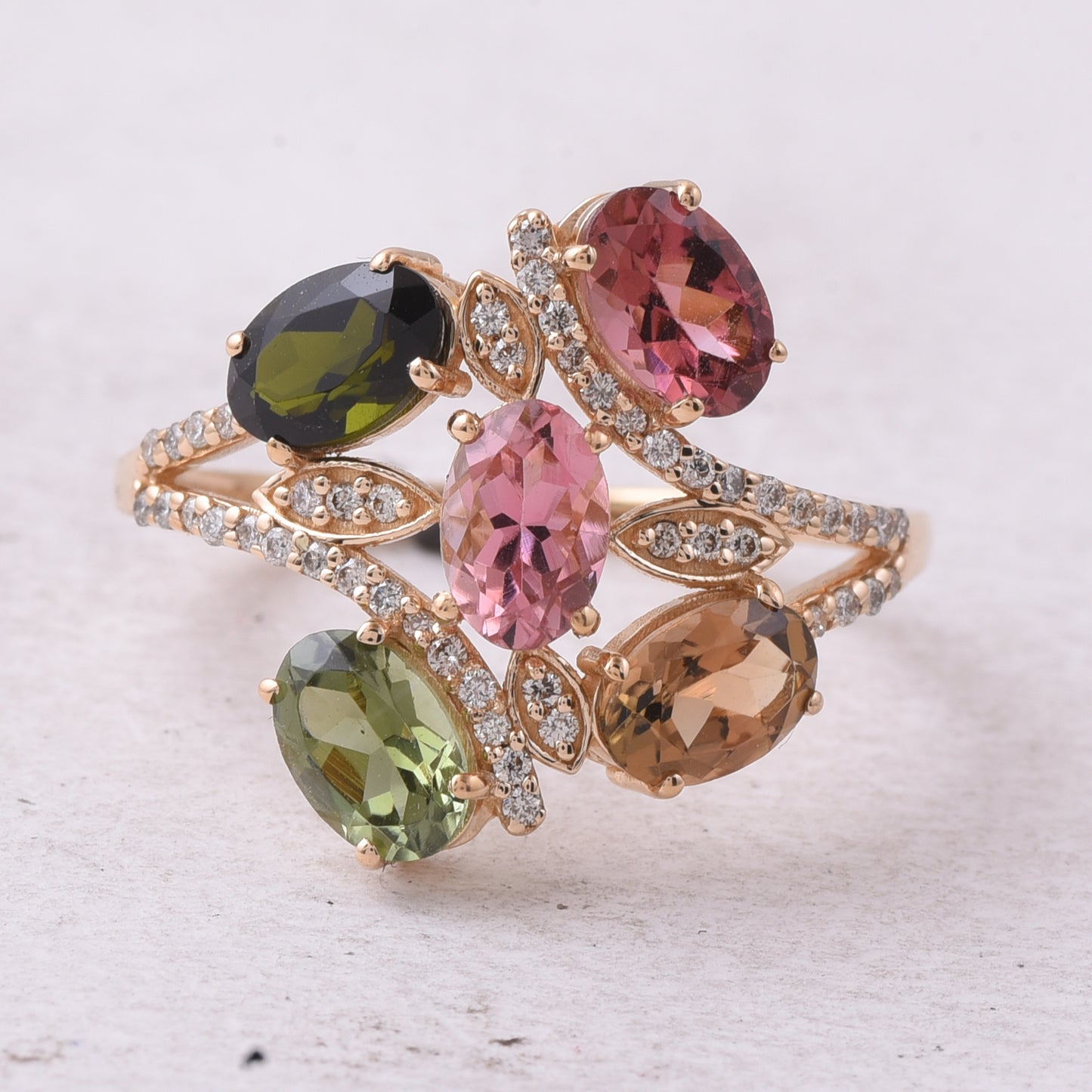 2.62 Ct Oval Mixed Cut Natural Multi-Coloured Tourmaline 14K Gold Ring