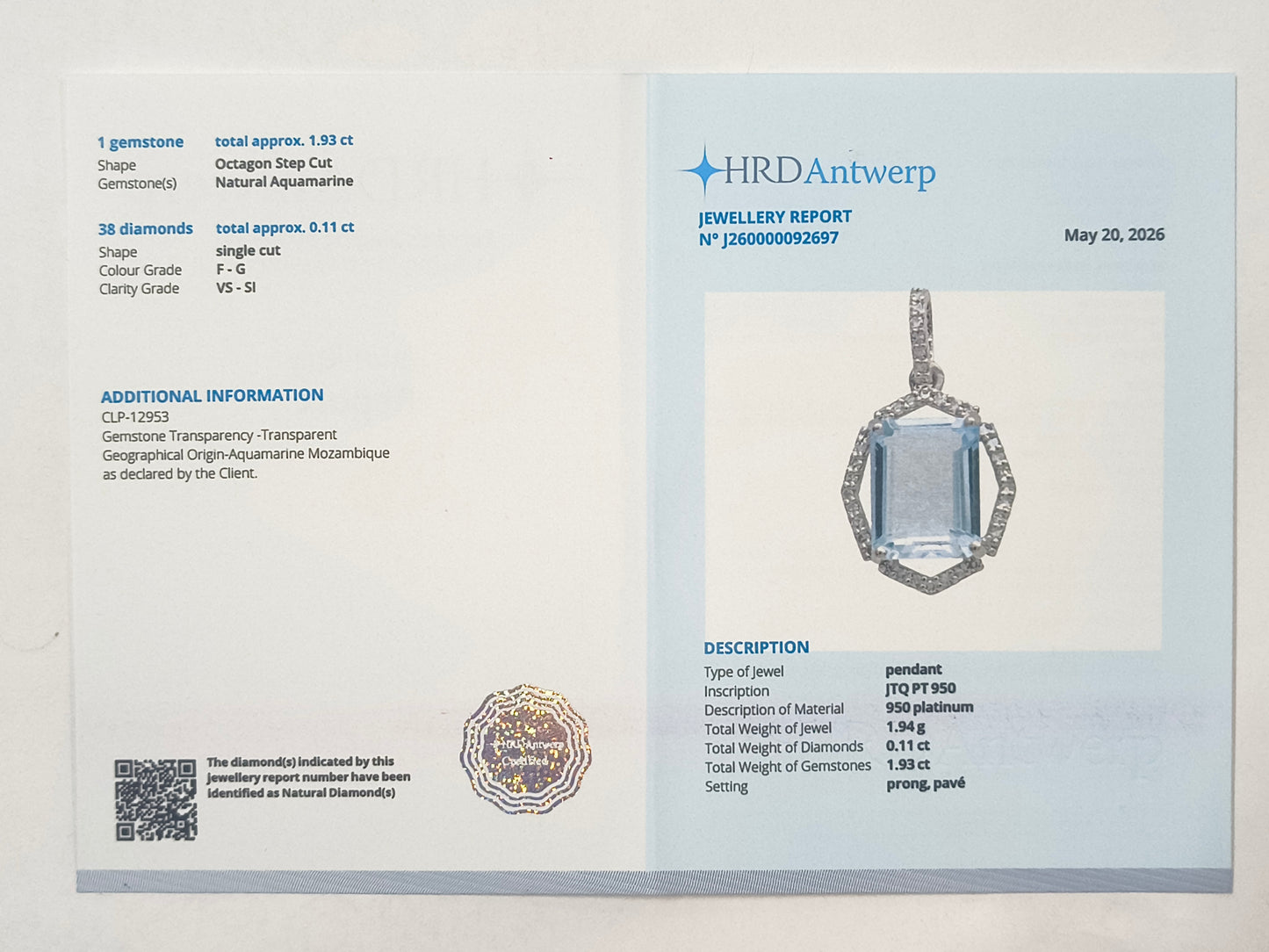 2.04 Ct Octagon Aquamarine 950 Platinum Pendant