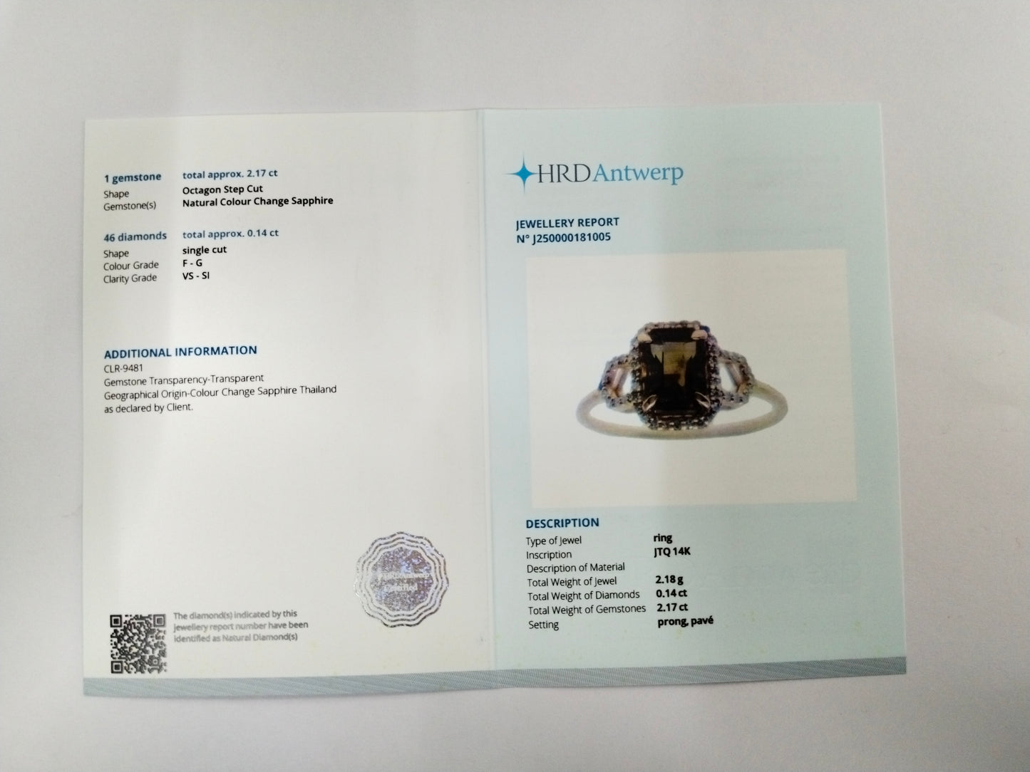 2.31 Ct Octagon Step Cut Natural Colour Change Sapphire 14K Gold Ring