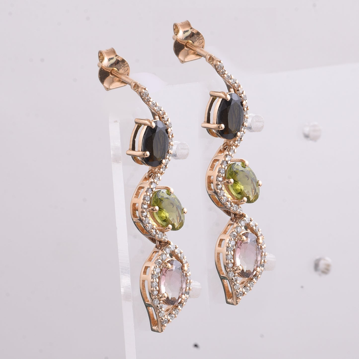 3.68 Ct Oval Mixed Cut Natural Multi-Coloured Tourmaline 14K Gold Earrings