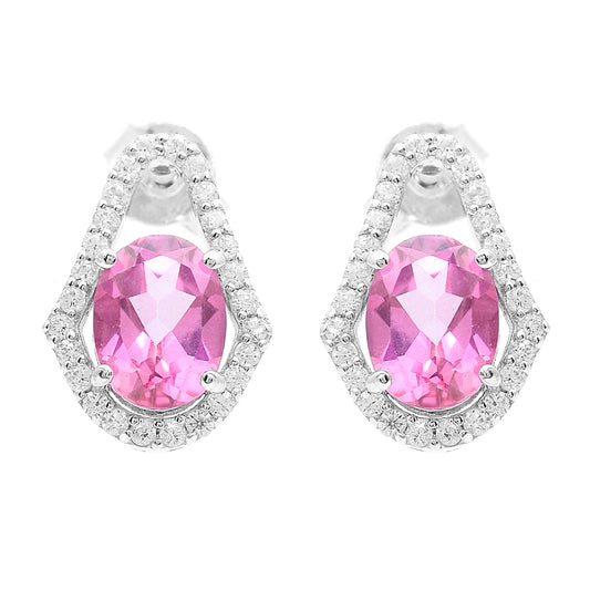 3.77 Ct Oval Pink Topaz, White Zircon 925 Sterling Silver Earrings