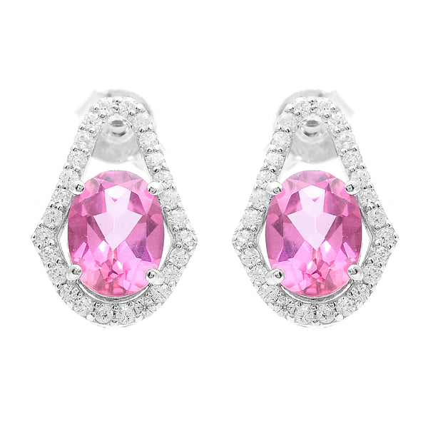3.77 Ct Oval Pink Topaz, White Zircon 925 Sterling Silver Earrings