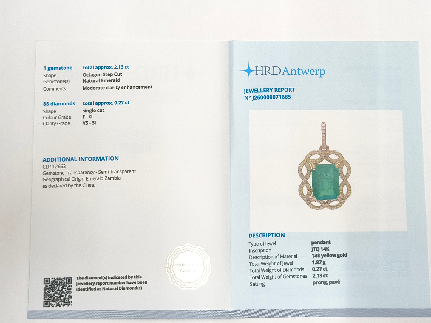 2.40 Ct Octagon Step Cut Natural Emerald 14K Gold Pendant