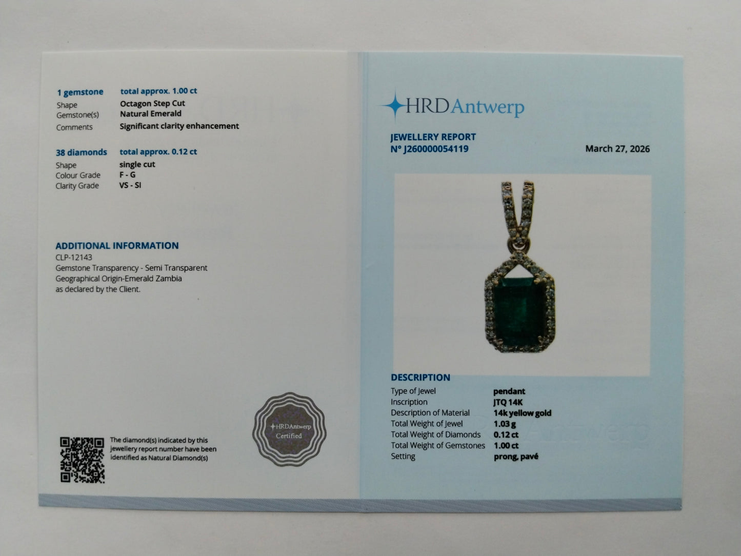 1.12 Ct Octagon Step Cut Natural Emerald 14K Gold Pendant