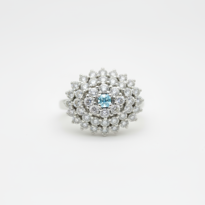 1.28 Ct Round Swiss Blue Topaz, Cubic Zirconia 925 Sterling Silver Ring