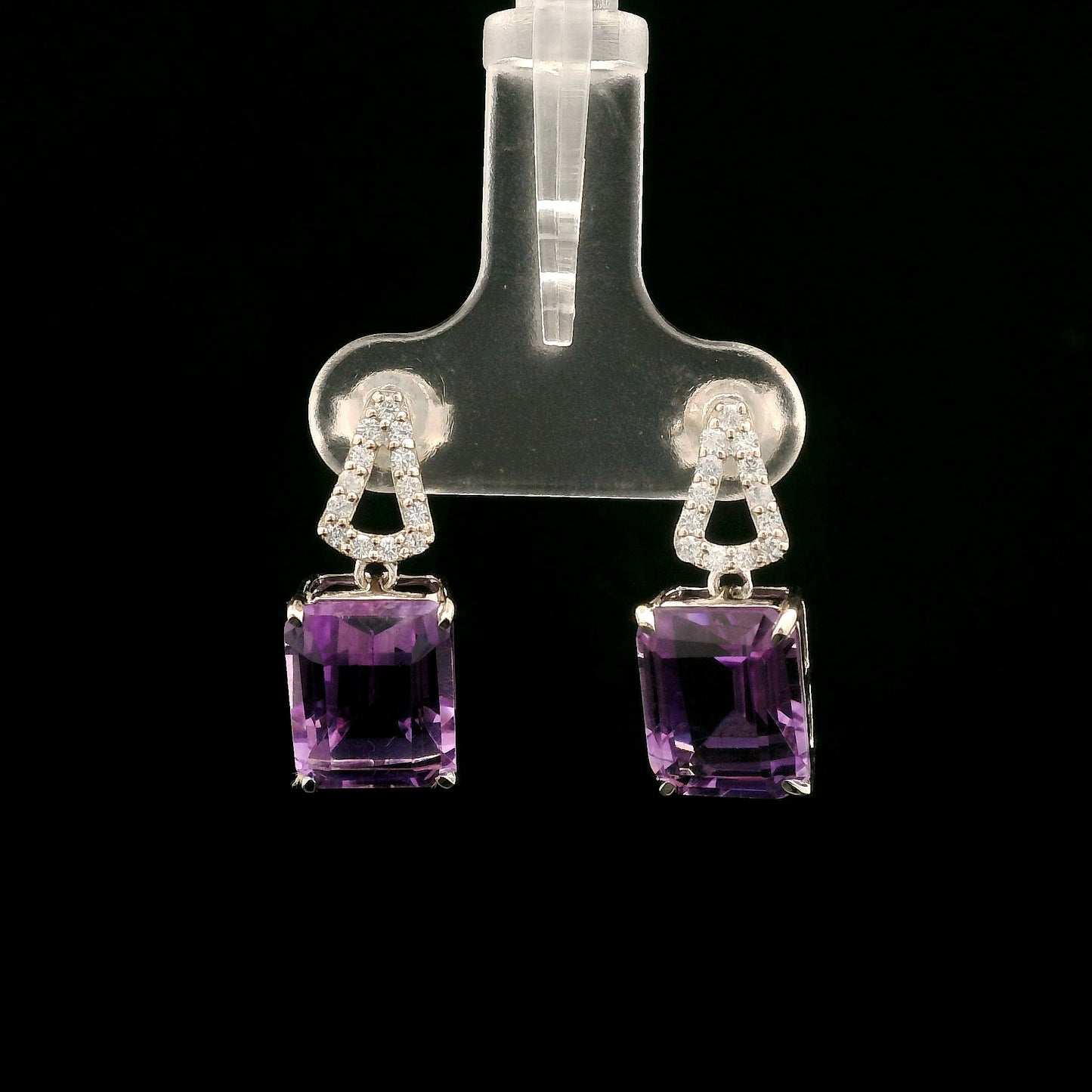 6.71 Ct Octagon Amethyst, White Zircon 925 Sterling Silver Earrings