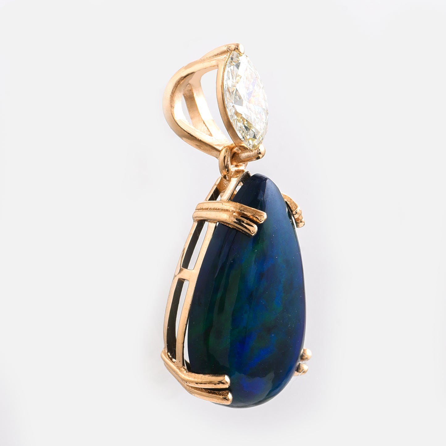 3.36 Ct Pear Cabochon Natural Black Opal 14K Gold Pendant