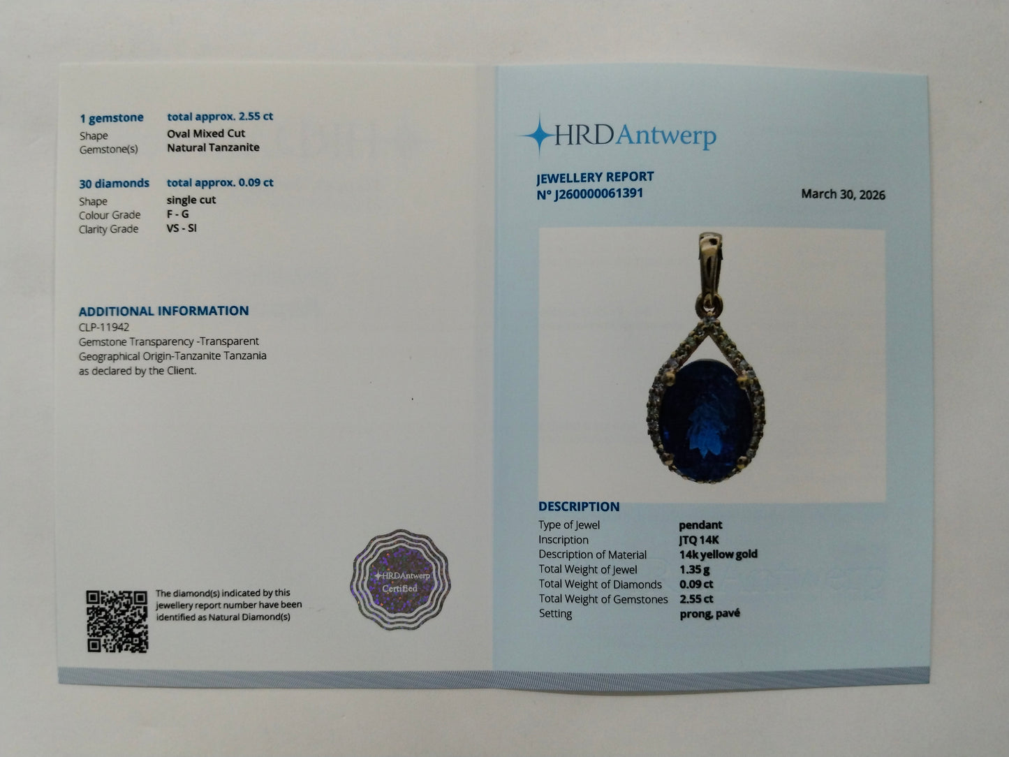 2.64 Ct Oval Mixed Cut Natural Tanzanite 14K Gold Pendant