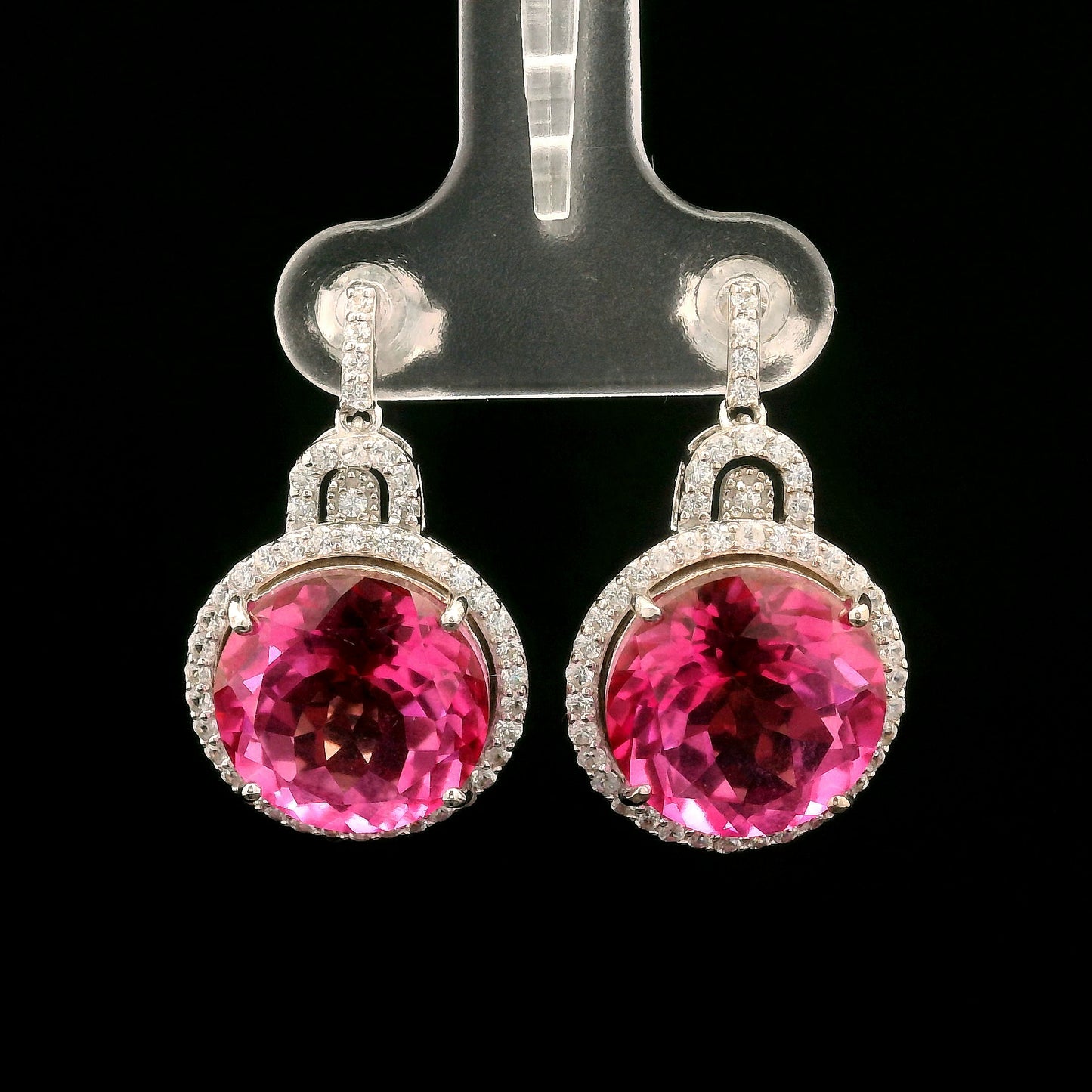 17.56 Ct Round Pink Topaz, White Zircon 925 Sterling Silver Earrings