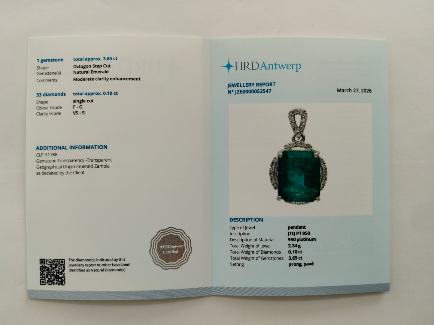 3.75 Ct Octagon Step Cut Natural Emerald 950 Platinum Pendant