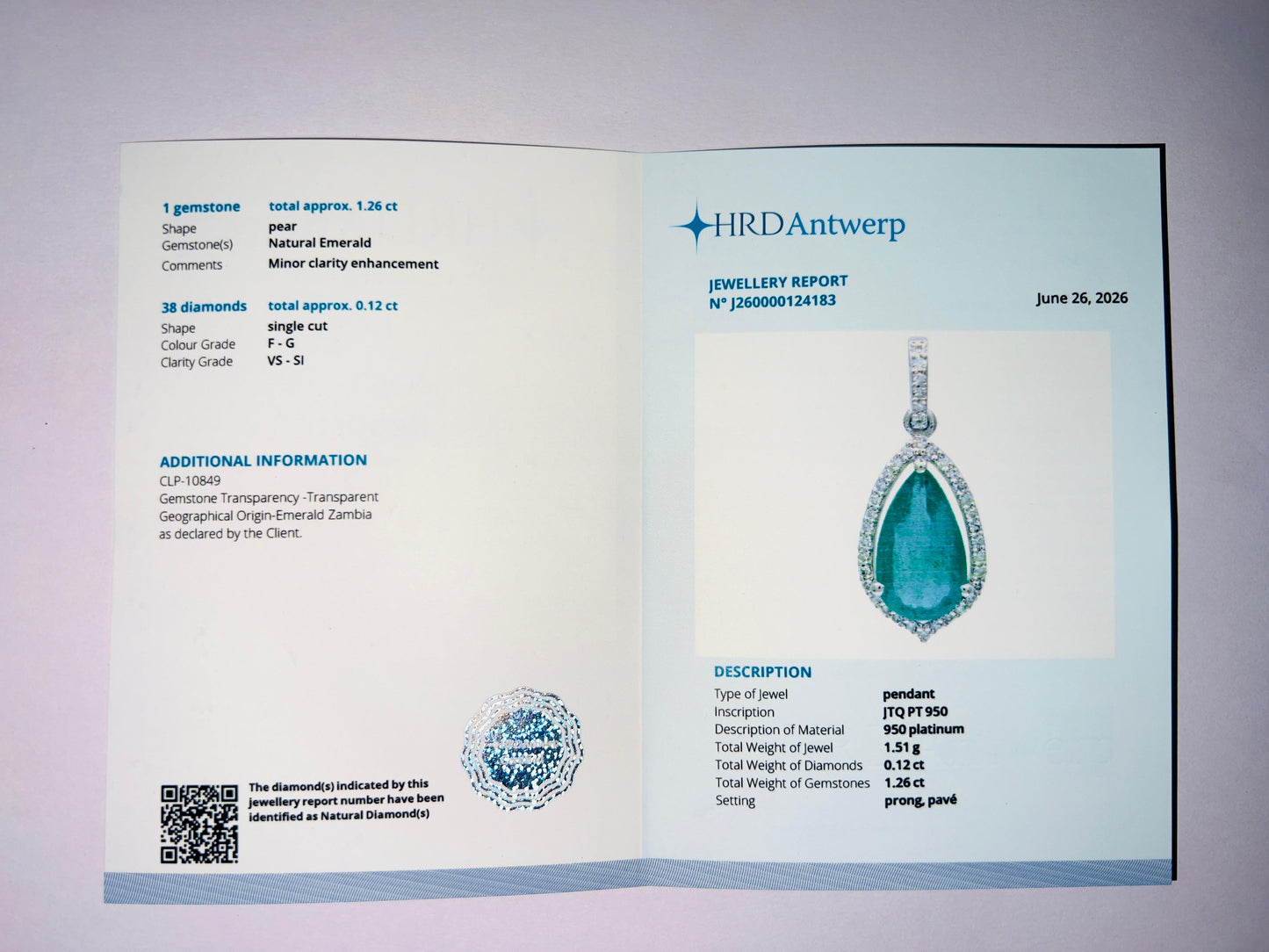 1.38 Ct Pear Natural Emerald 950 Platinum Pendant