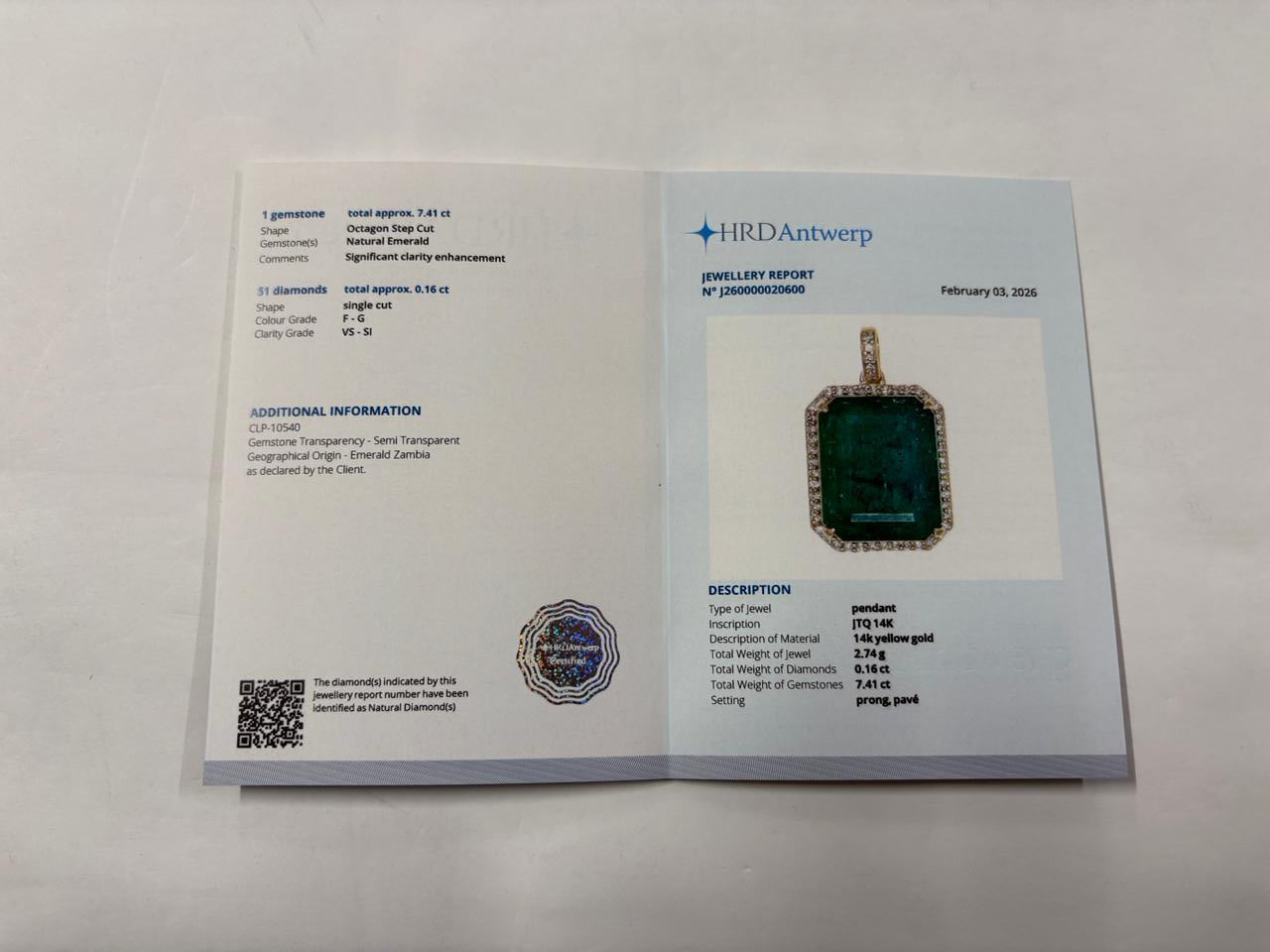 7.57 Ct Octagon Step Cut Natural Emerald 14K Gold Pendant