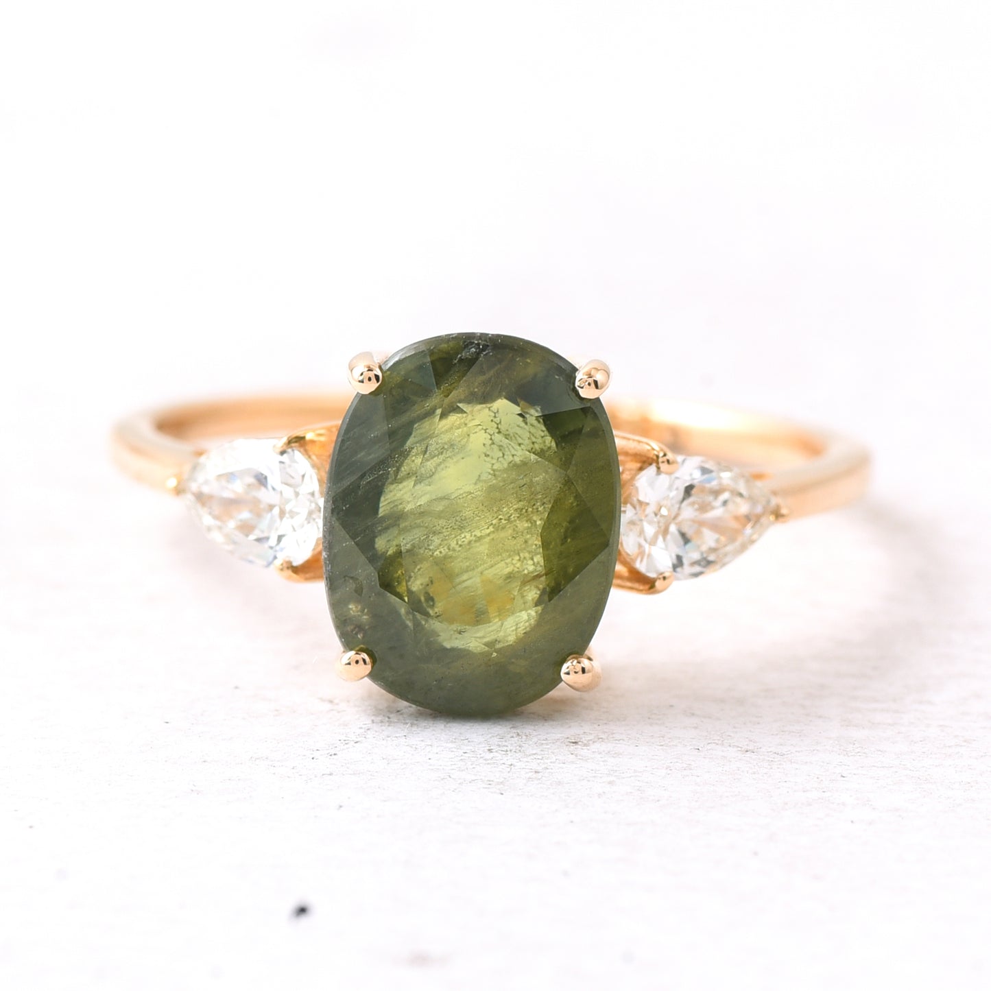 3.51 Ct Oval Mixed Cut Natural Green Sapphire 14K Gold Ring