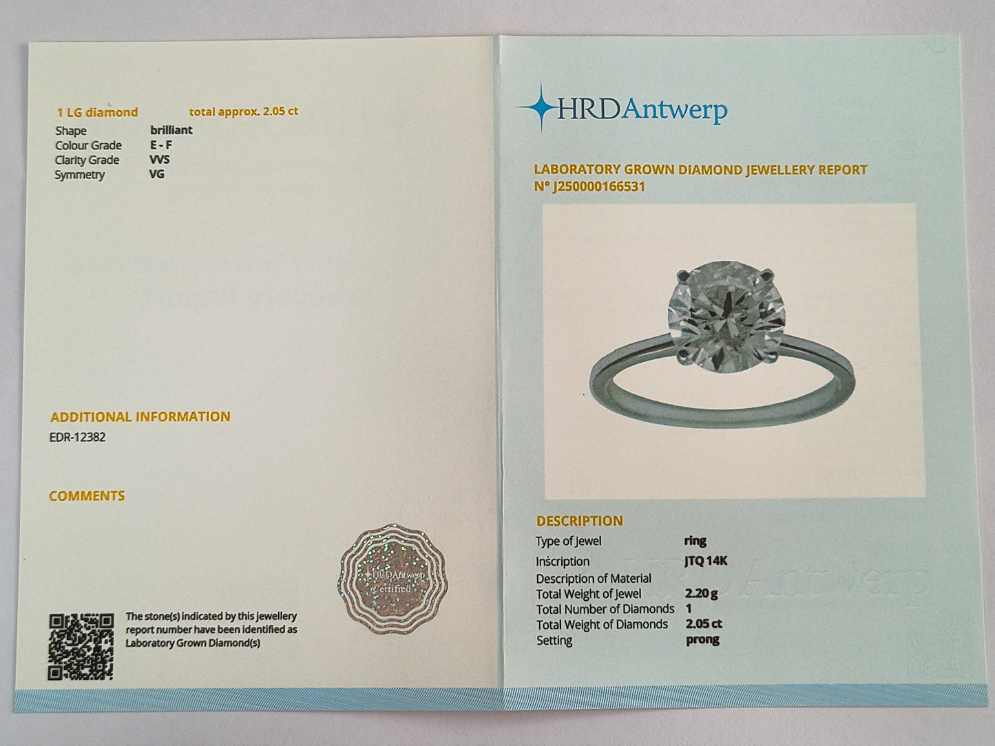 2.05 Carats Lab Grown Diamond 14K Gold Ring