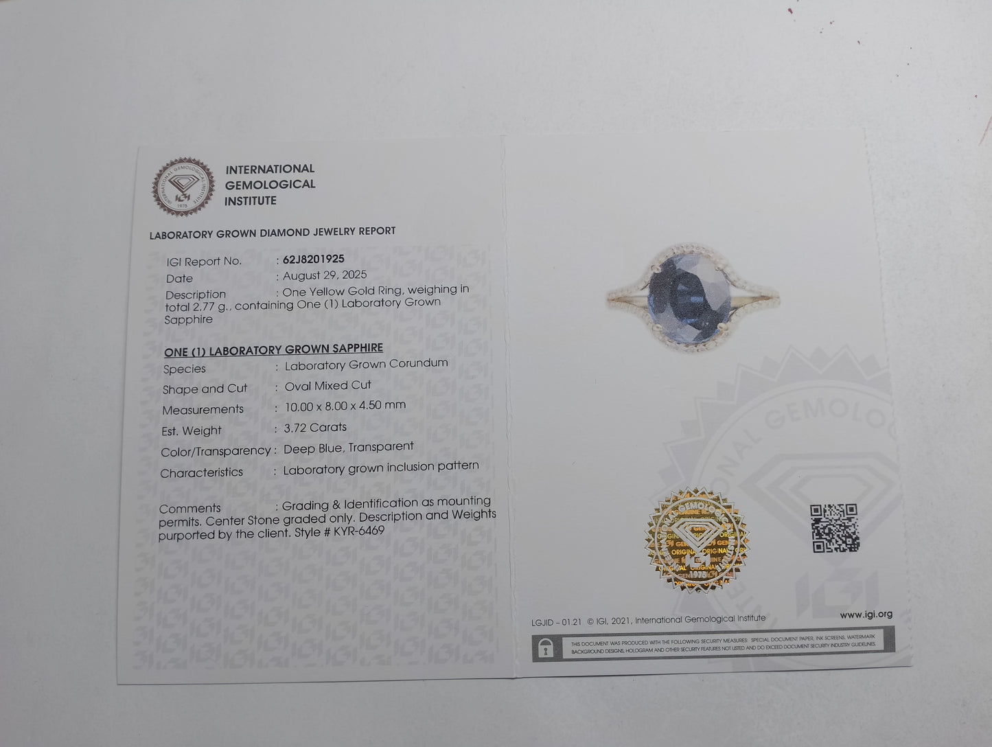 3.87 Ct Oval Mixed Cut Lab Grown Sapphire 14K Gold Ring