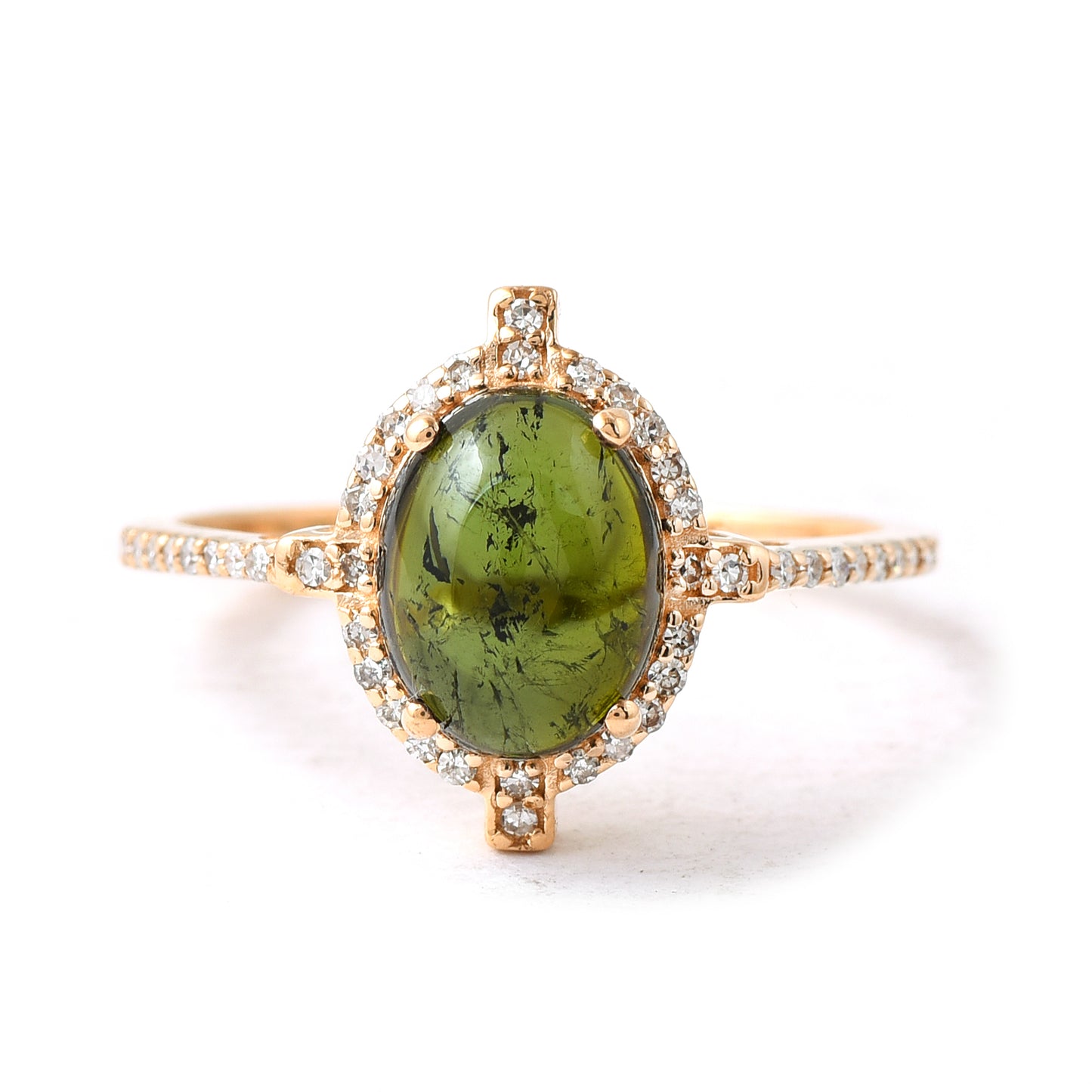1.84 Ct Oval Cabochon Cut Natural Green Tourmaline 14K Gold Ring