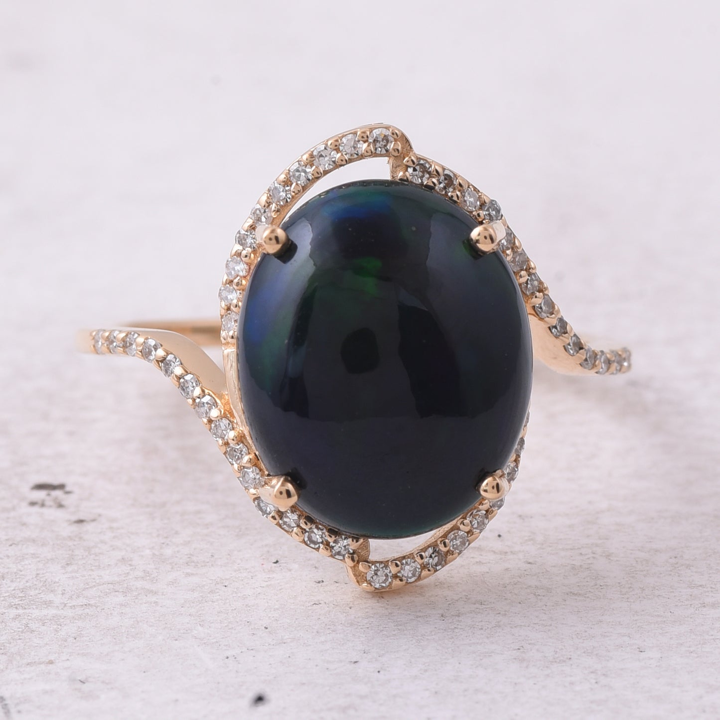 3.65 Ct Oval Cabochon Cut Natural Black Opal 14K Gold Ring