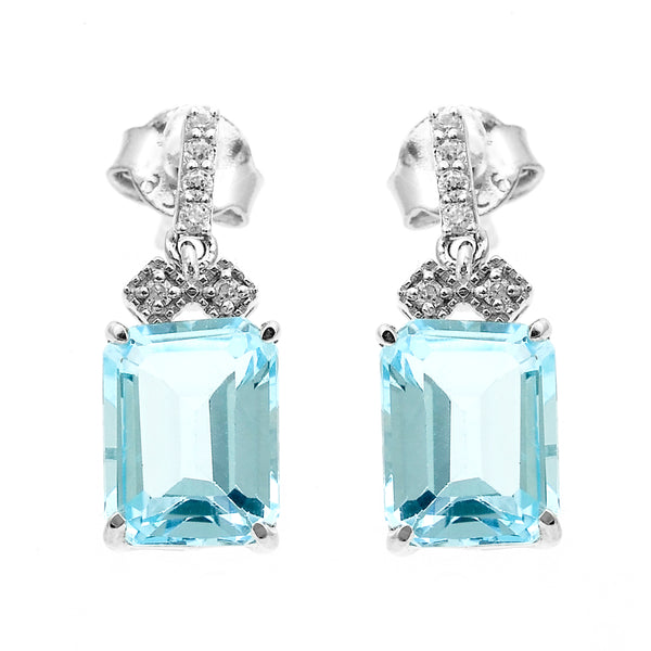 5.90 Ct Octagon Blue Topaz, White Zircon 925 Sterling Silver Earrings