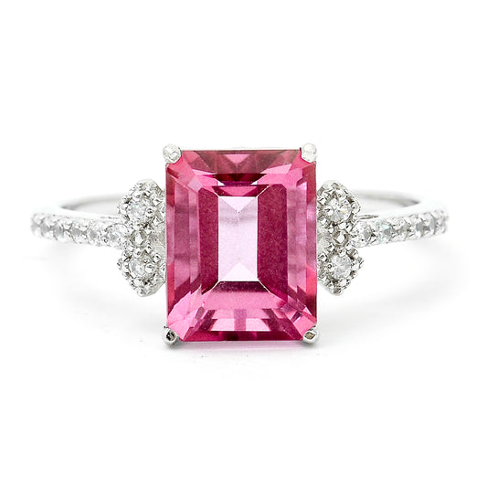 3.43 Ct Octagon Pink Topaz, White Zircon 925 Sterling Silver Ring