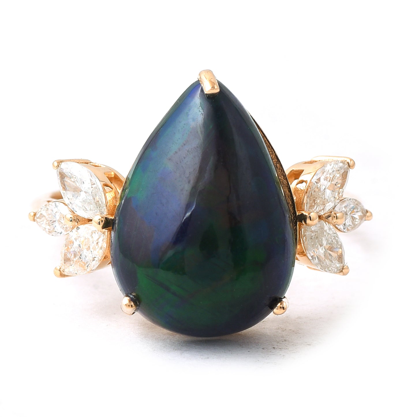 1.86 Ct Pear Cabochon Cut Natural Black Opal 14K Gold Ring