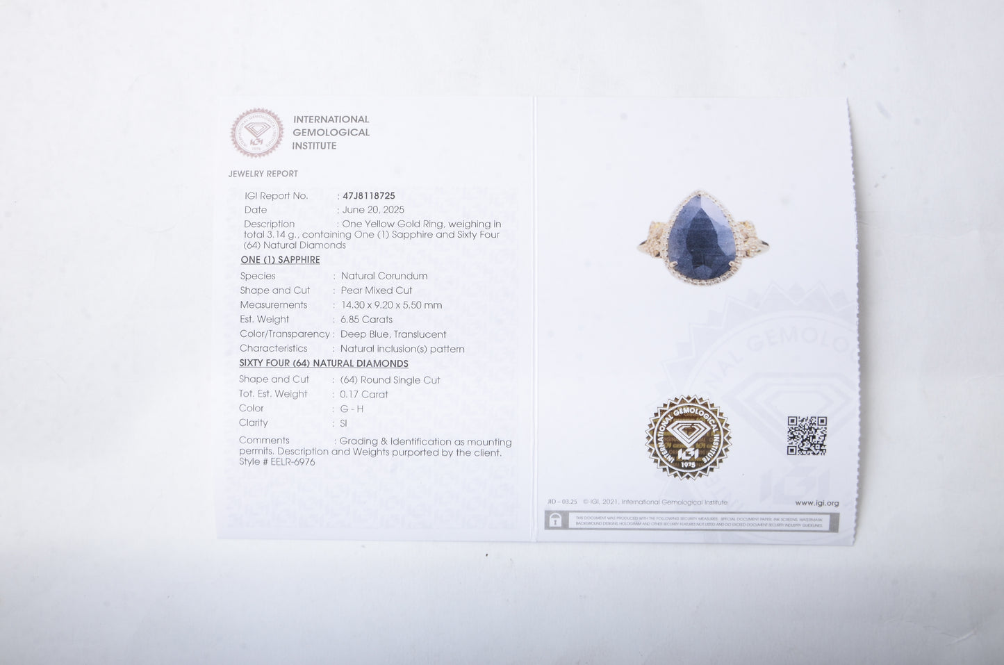 7.02 Ct Pear Mixed Cut Natural Corundum Sapphire 14K Gold Ring