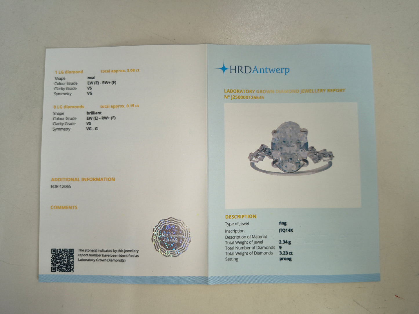 3.23 Carats Lab Grown Diamond 14K Gold Ring