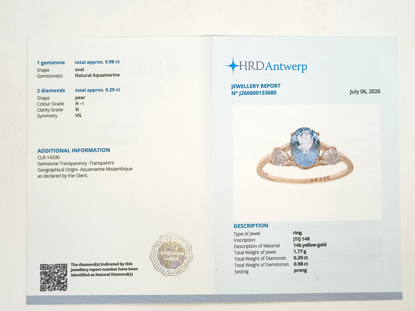1.27 Ct Oval Natural Aquamarine 14K Gold Ring