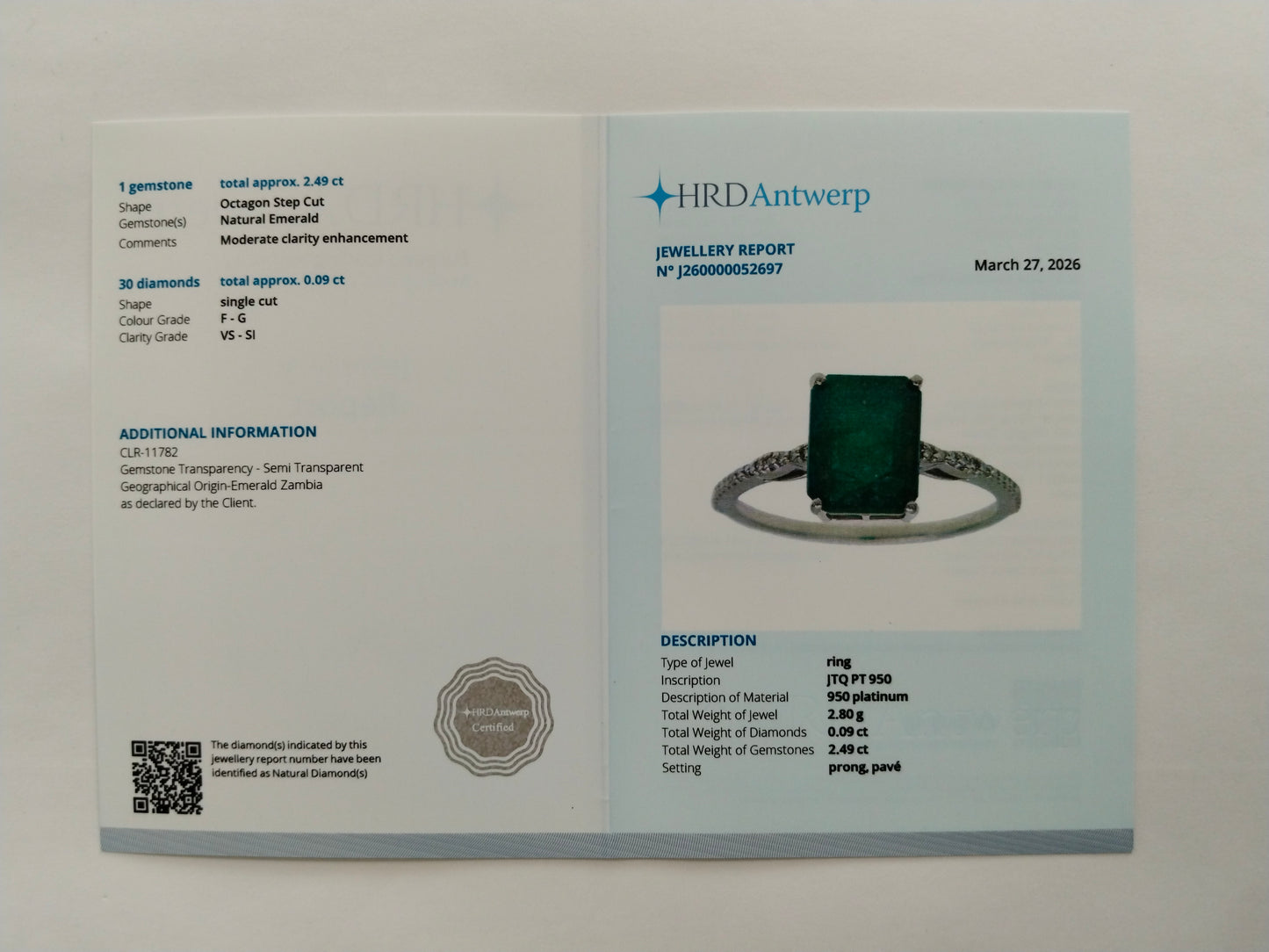 2.58 Ct Octagon Step Cut Natural Emerald 950 Platinum Ring