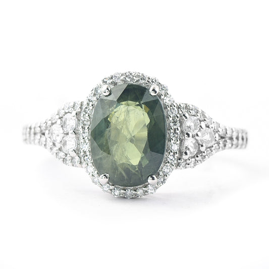 2.77 Ct Oval Mixed Cut Natural Green Sapphire 950 Platinum Ring