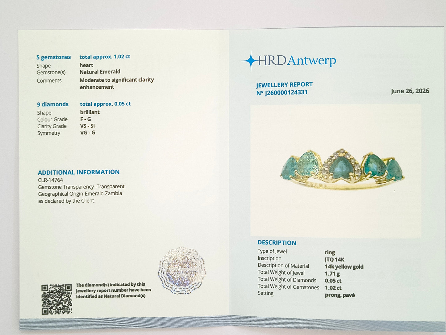 1.07 Ct Heart Natural Emerald 14K Gold Ring
