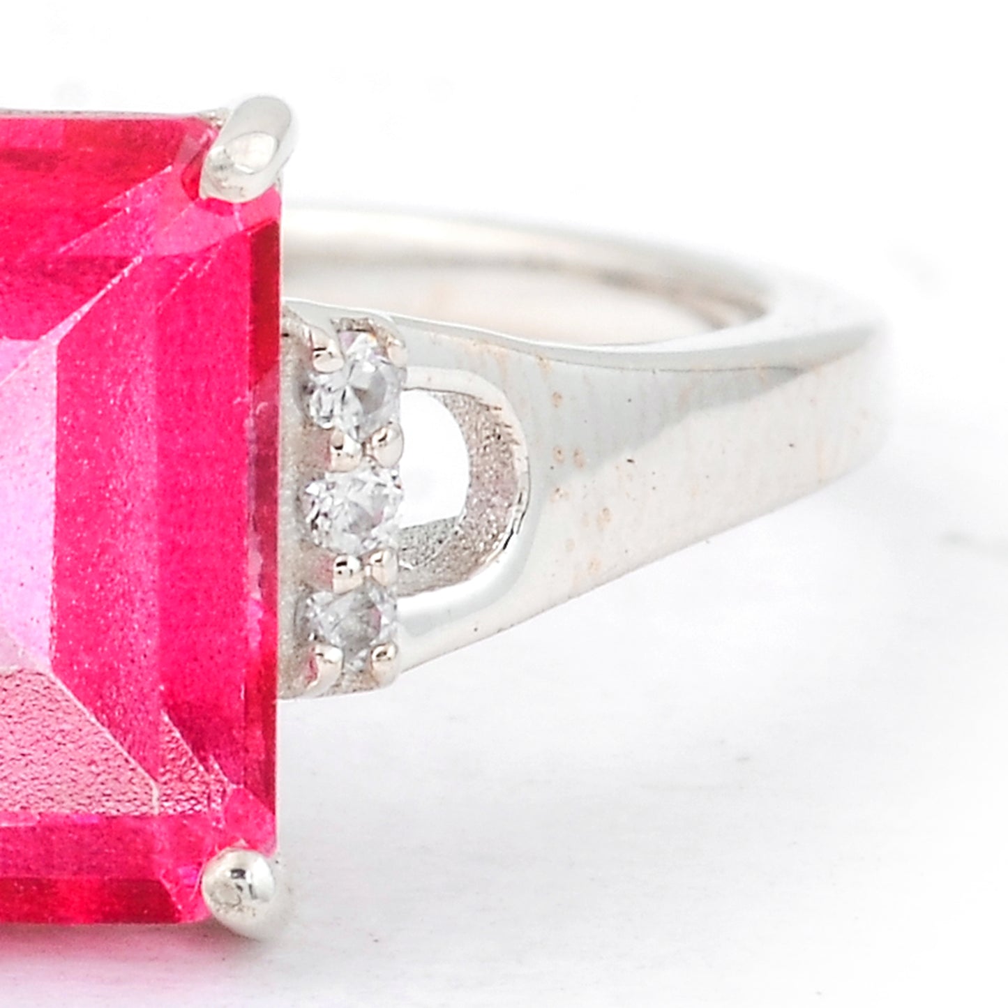 3.19 Ct Octagon Pink Topaz, White Zircon, 925 Sterling Silver Ring