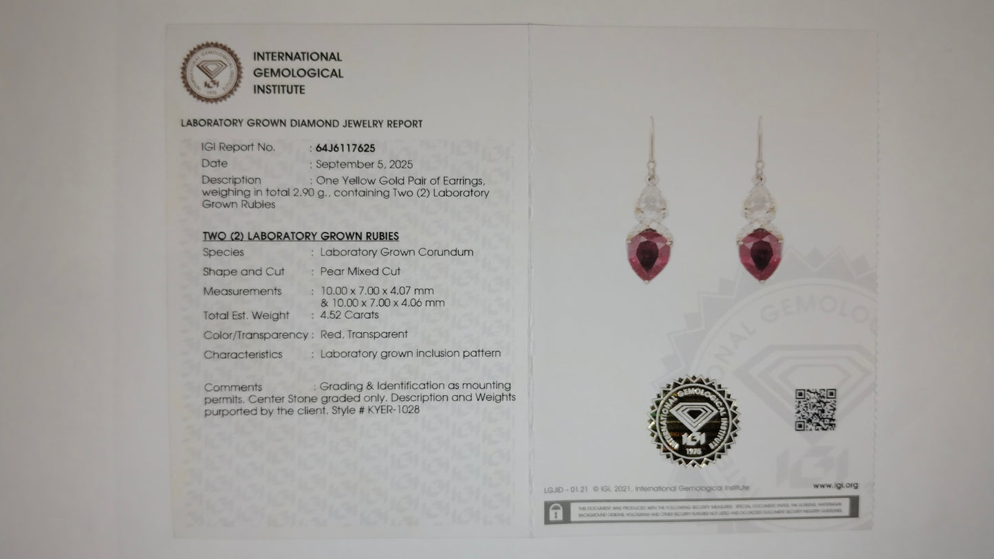 5.41 Ct Pear Mixed Cut Lab Grown Ruby 14K Gold Earrings