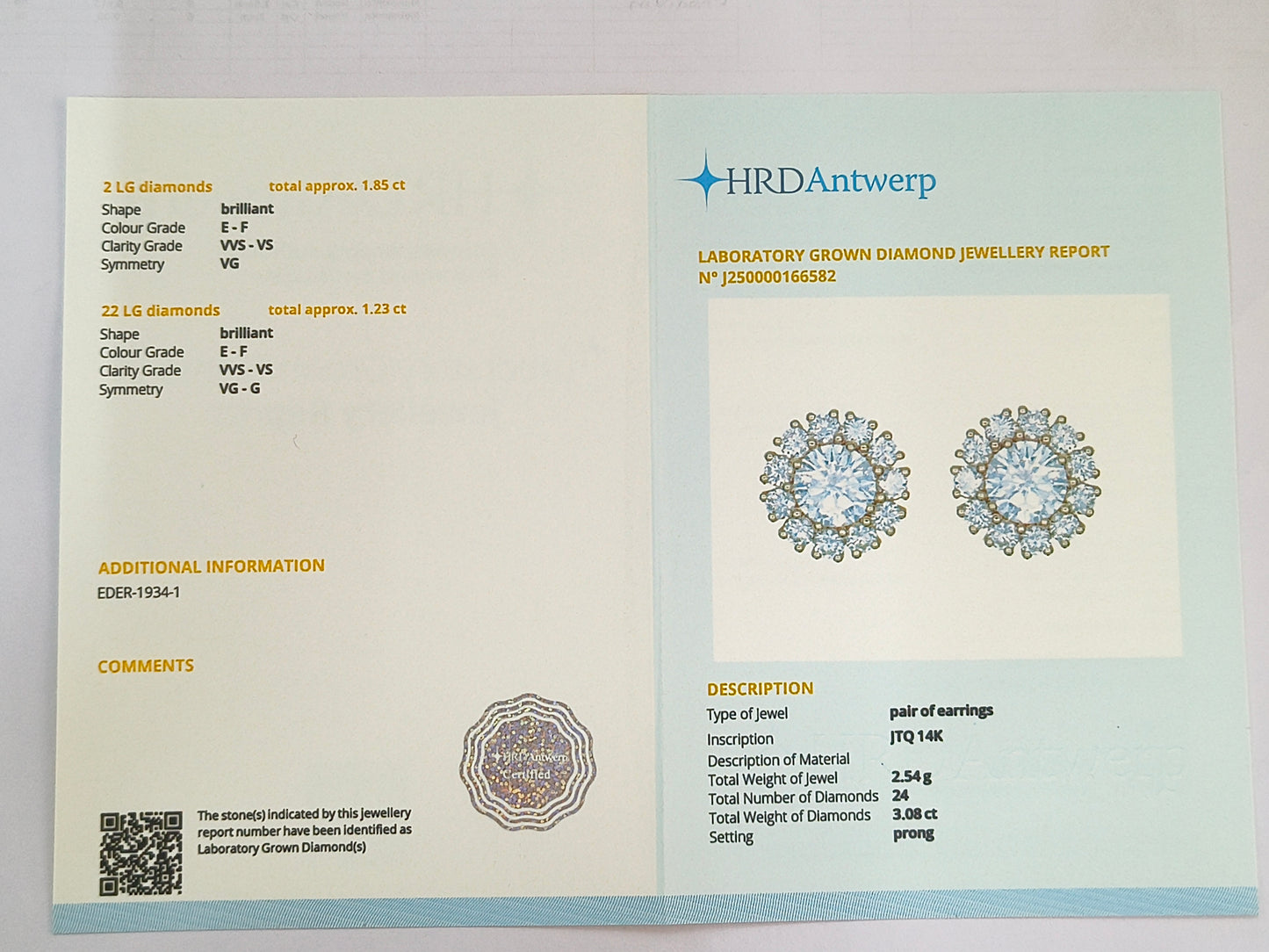 3.08 Carats Lab Grown Diamond 14K Gold Earrings
