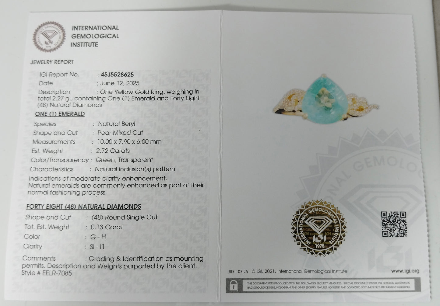 2.85 Ct Pear Mixed Cut Natural Beryl Emerald 14K Gold Ring