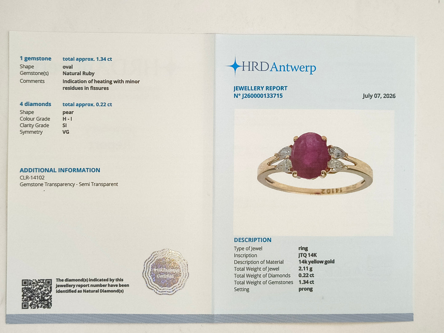 1.56 Ct Oval Natural Ruby 14K Gold Ring