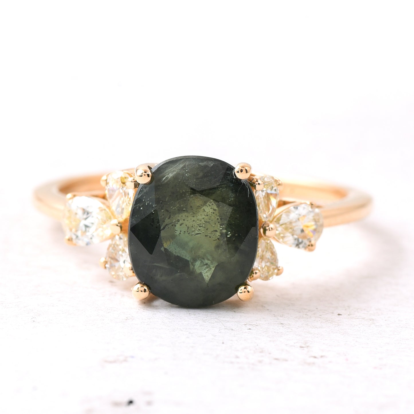 3.31 Ct Cushion Mixed Cut Natural Green Sapphire 14K Gold Ring