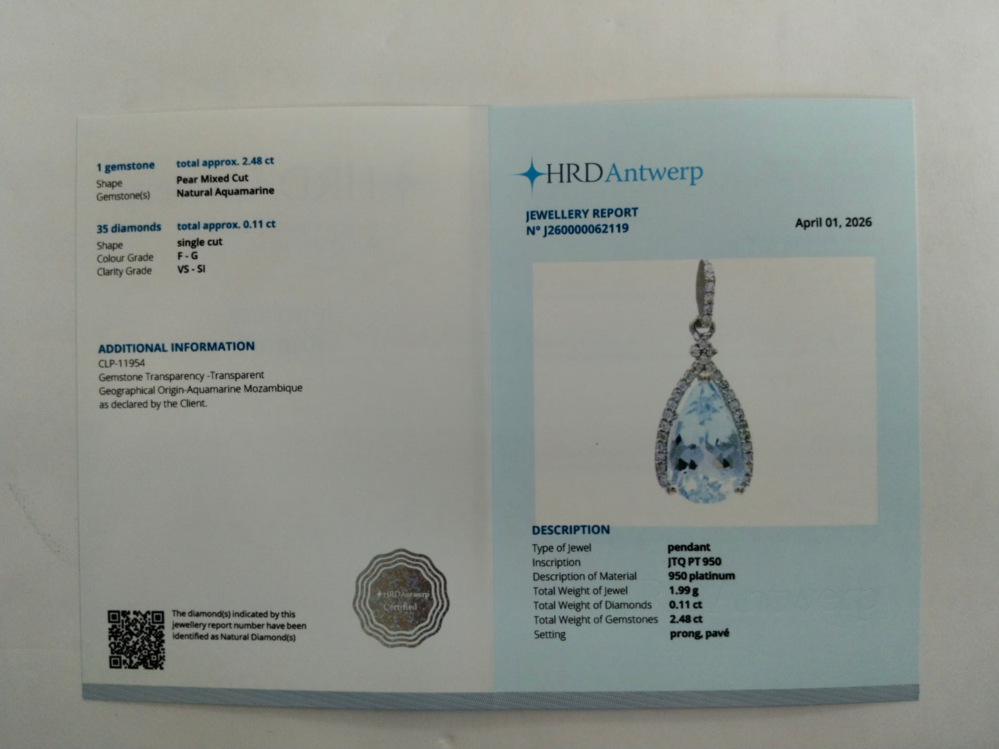 2.59 Ct Pear Mixed Cut Natural Aquamarine 950 Platinum Pendant