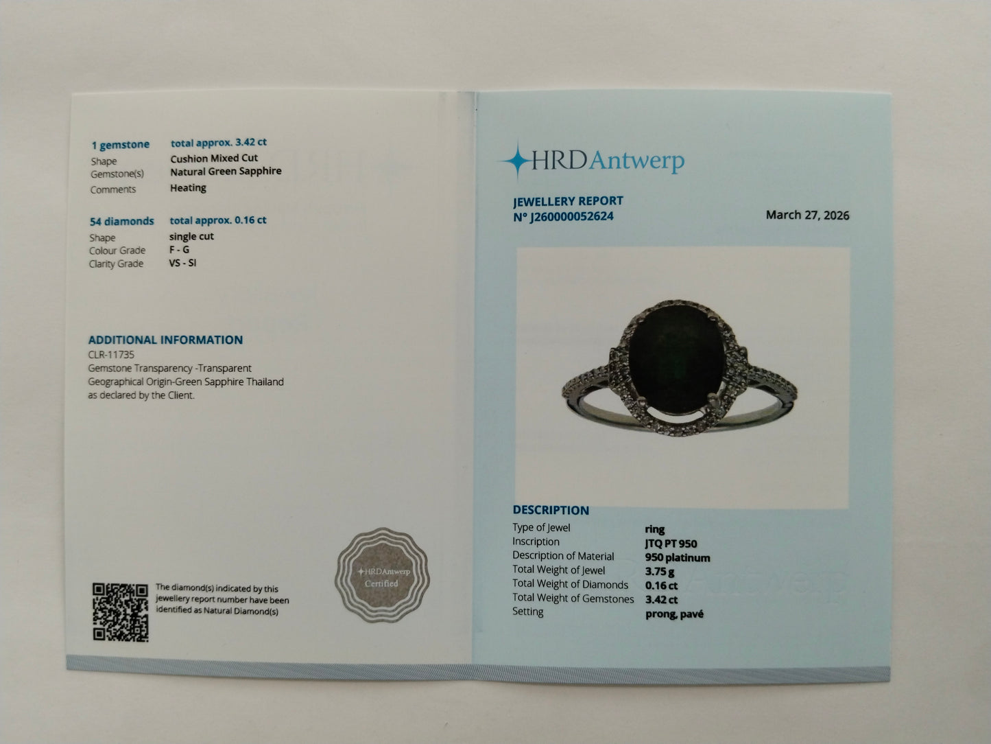 3.58 Ct Cushion Mixed Cut Natural Green Sapphire 950 Platinum Ring