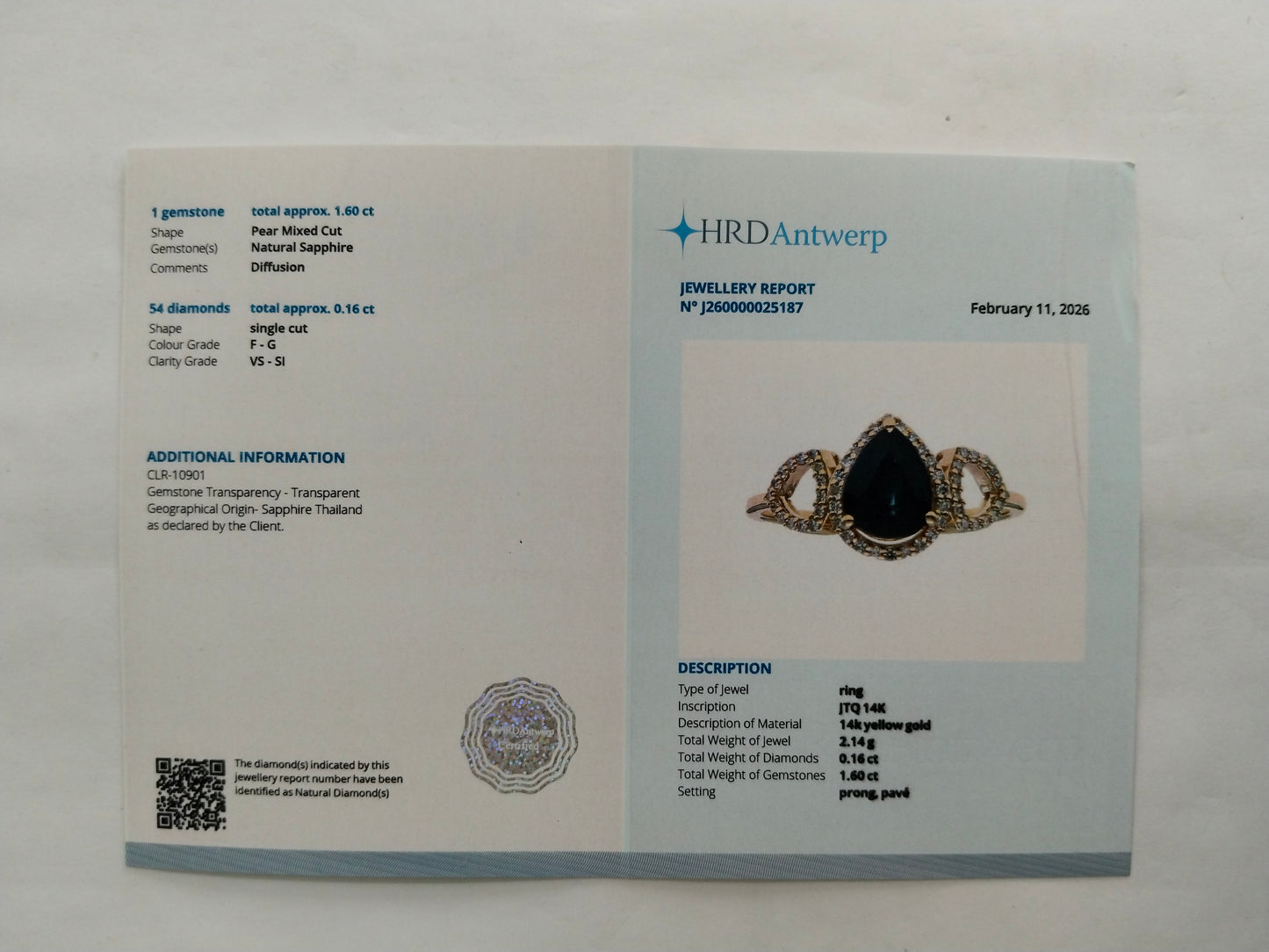1.76 Ct Pear Mixed Cut Natural Sapphire 14K Gold Ring
