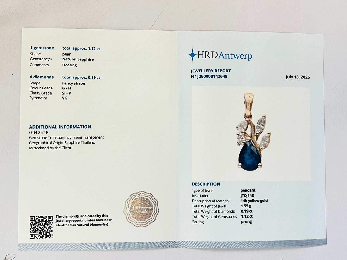1.31 Ct Pear Natural Sapphire 14K Gold Pendant