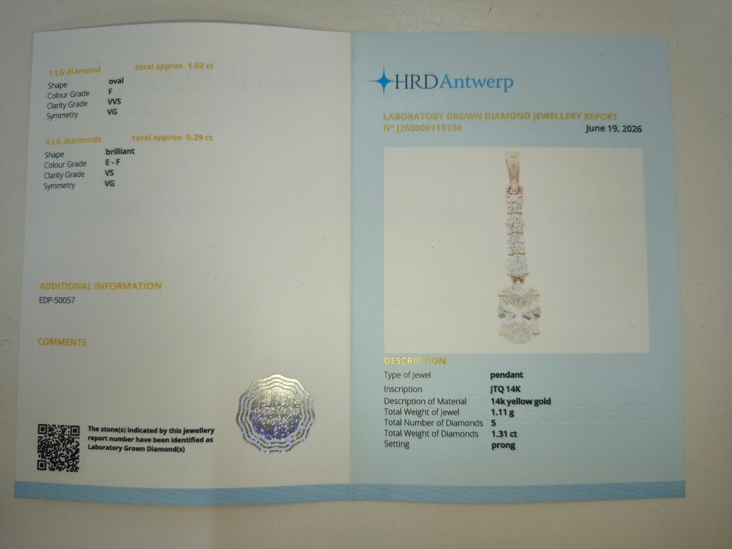 1.31 Ct Oval Lab Grown Diamond 14K Gold Pendant