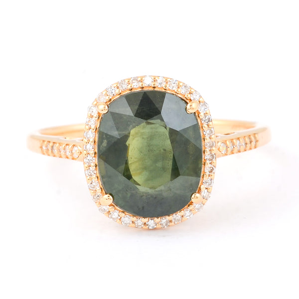 3.84 Ct Cushion Mixed Cut Natural Green Sapphire 14K Gold Ring