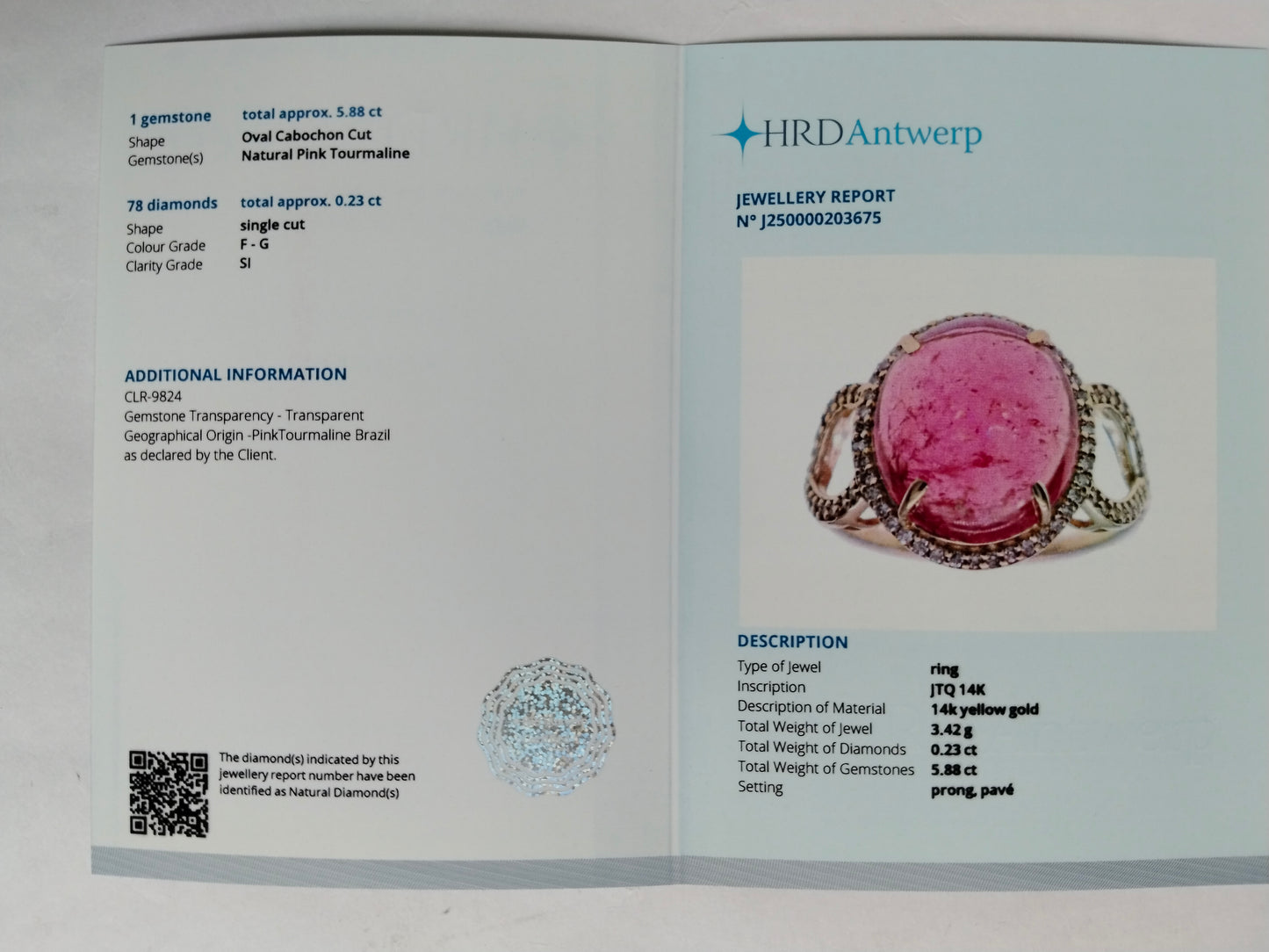 6.11 Ct Oval Cabochon Cut Natural Pink Tourmaline 14K Gold Ring