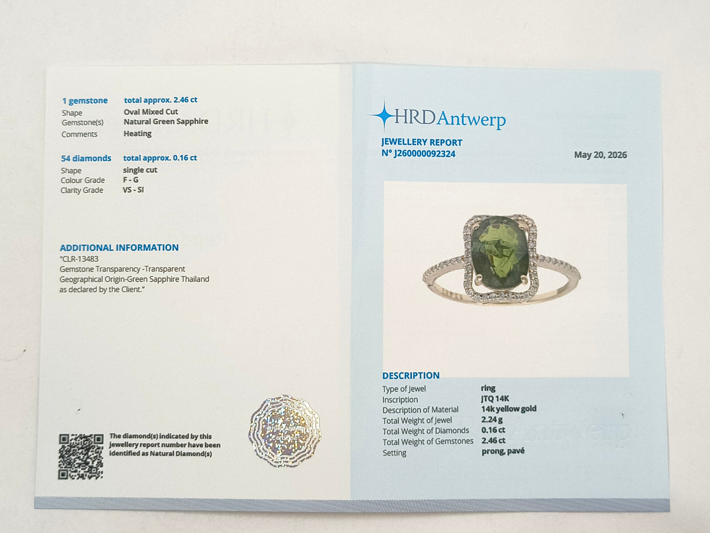 2.62 Ct Oval Green Sapphire 14K Gold Ring