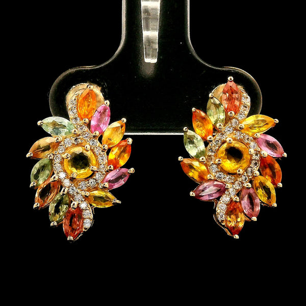 3.03 Ct Round Multi Sapphire 14K Gold Earrings