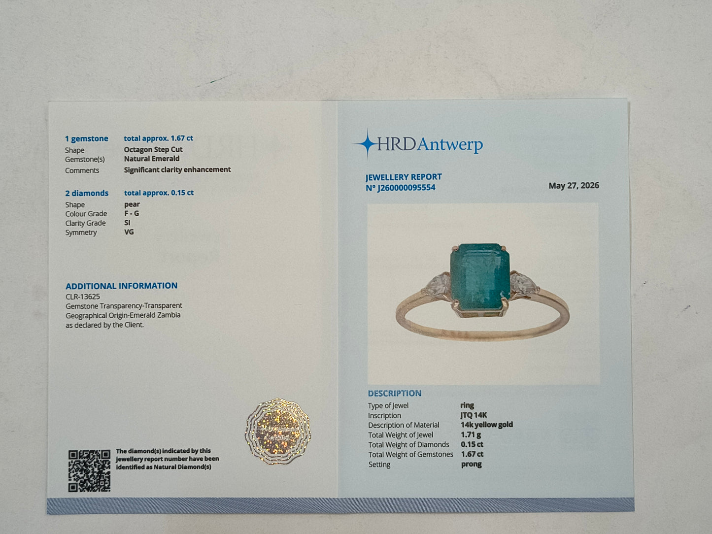 1.82 Ct Octagon Step Cut Natural Emerald 14K Gold Ring