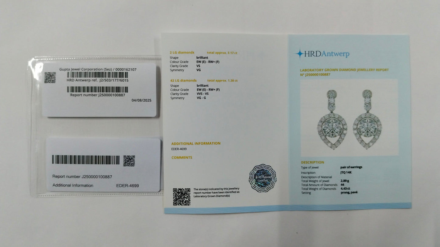 4.43 Carats Lab Grown Diamond 14K Gold Earrings