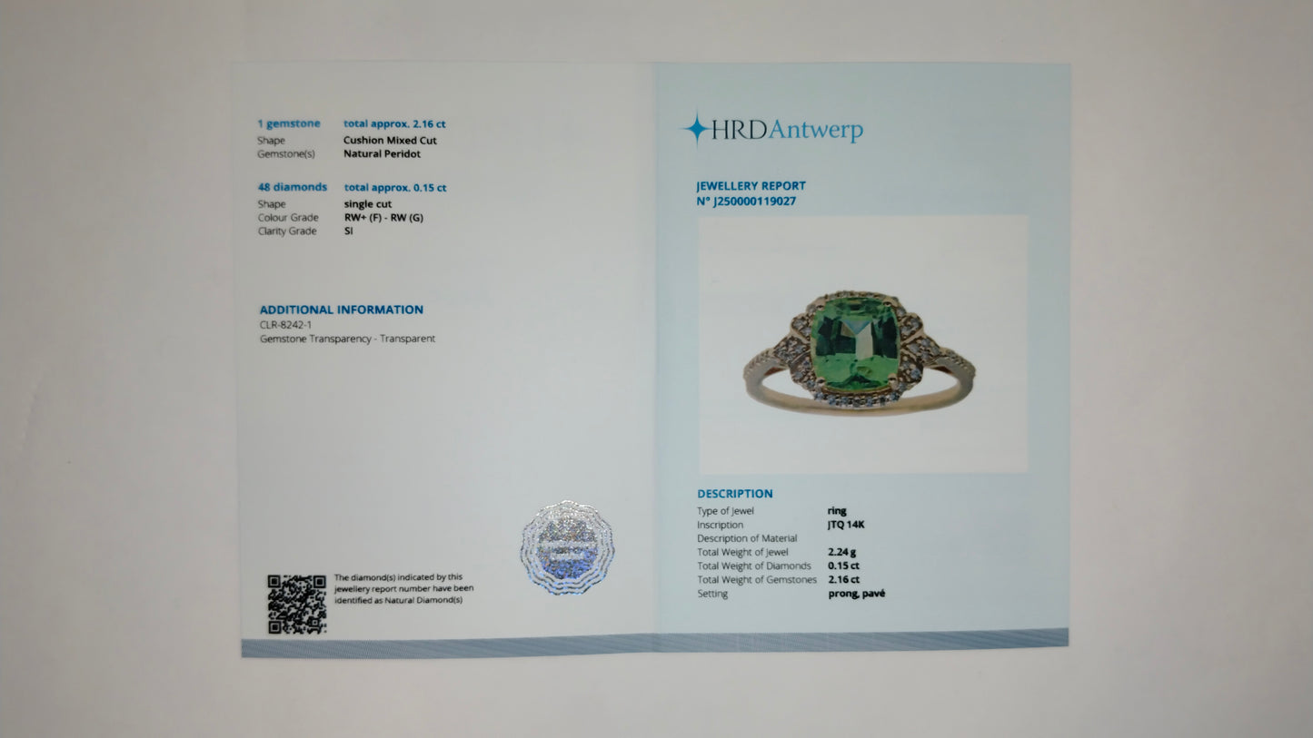 2.31 Ct Cushion Mixed Cut Natural Peridot 14K Gold Ring