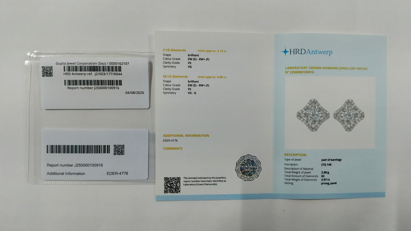3.97 Carats Lab Grown Diamond 14K Gold Earrings